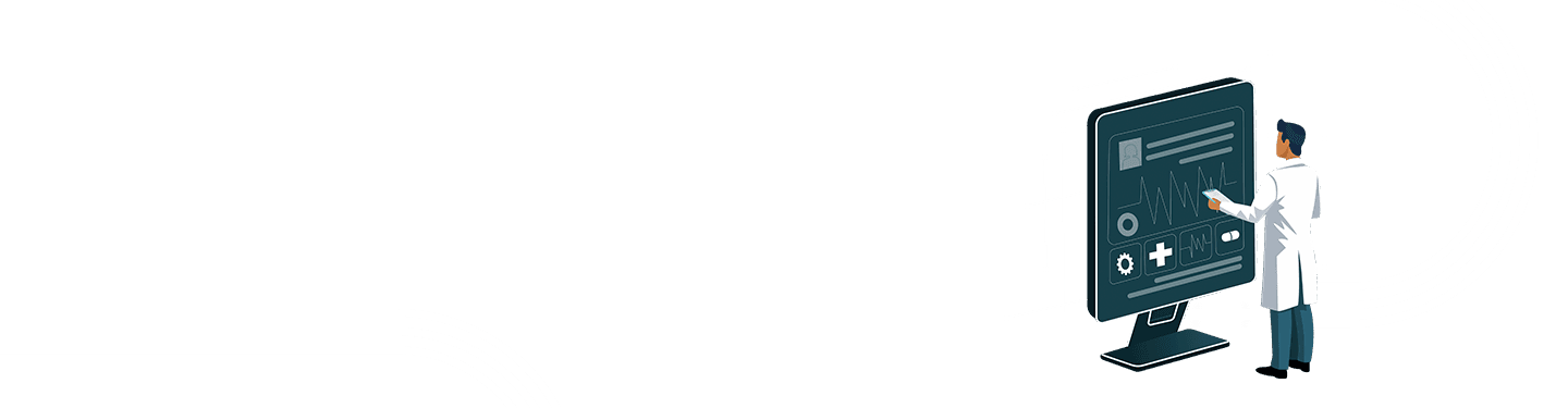 A healthcare professional in a white coat using a tablet to interact with a digital display of medical data and automation tools, illustrating the webinar 'Automation for healthcare information management – a matter of survival today.