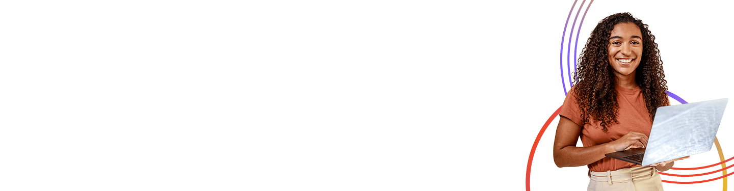 A smiling woman with curly brown hair, standing with a laptop enjoying a flexible work and employee experience