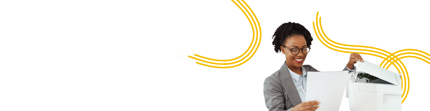 A woman looking at secured printing solutions