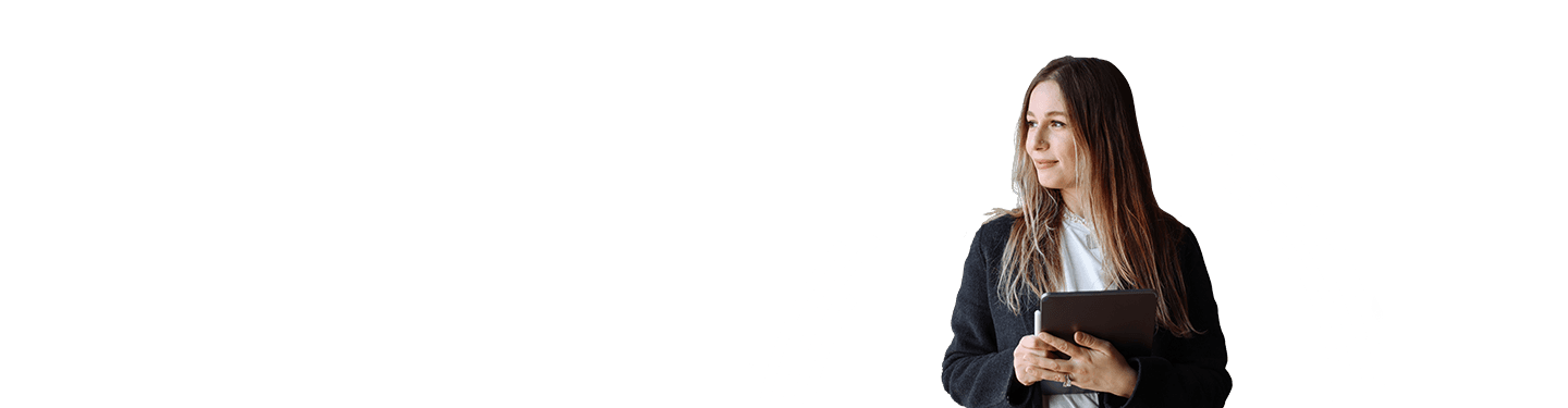 A smiling woman in black business jacket with a tablet in her hands; considering Intelligent Managed Print Services.