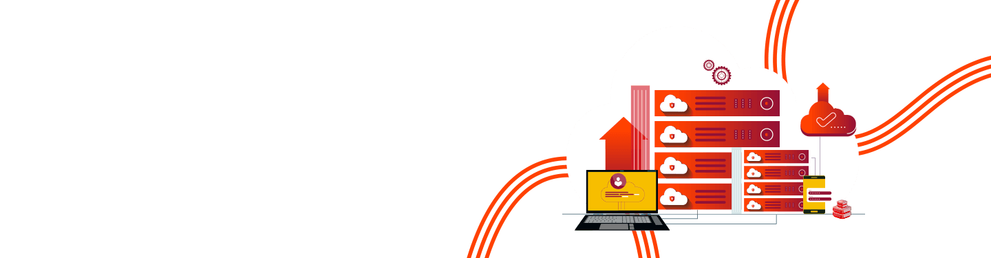 Laptop showing data of top industries benefiting from cloud print services, with cloud security statistics graphics in the background
