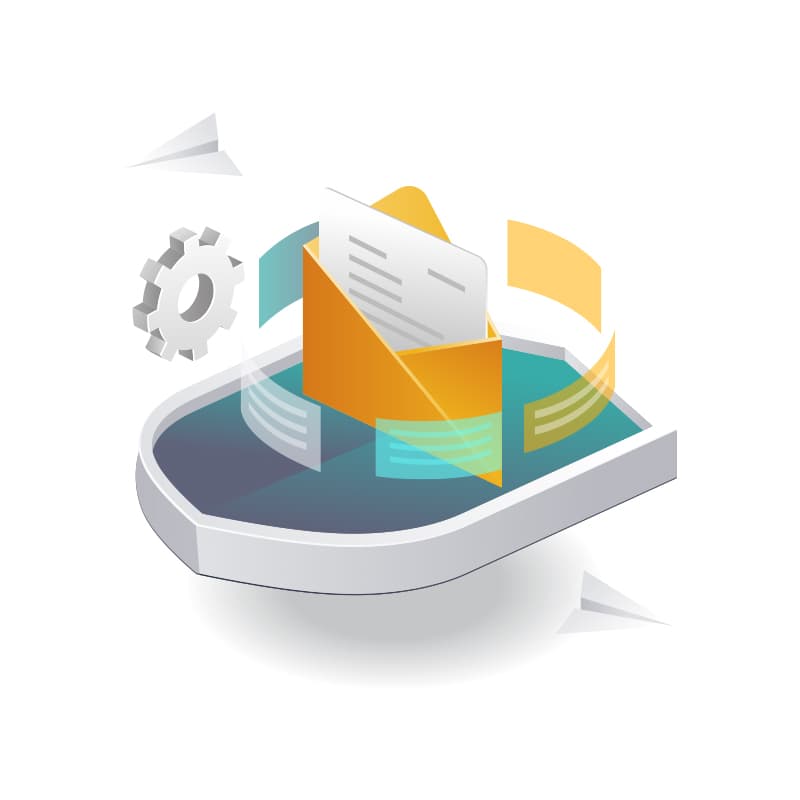 A digital container holding digital email, digital setting and messages figures, illustrating platform powered automation, managed by mail experts.