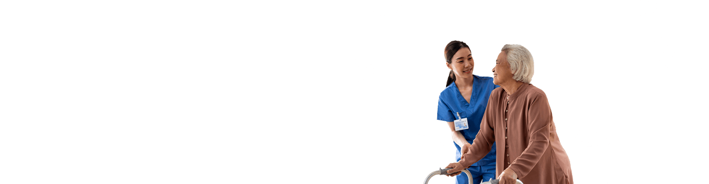 An elderly woman using a walker, smiling and engaging warmly with a healthcare professional, illustrating the impact of automating manual payer provider correspondence processing for improved patient care.