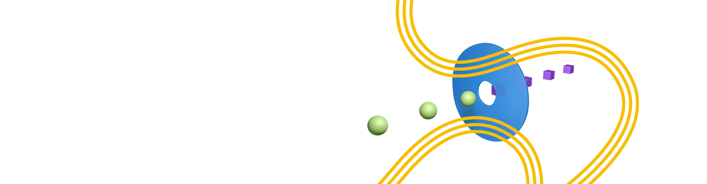 Small green circles and purple squares moving through a big blue circle's hole, denoting print management and how much printing costs.