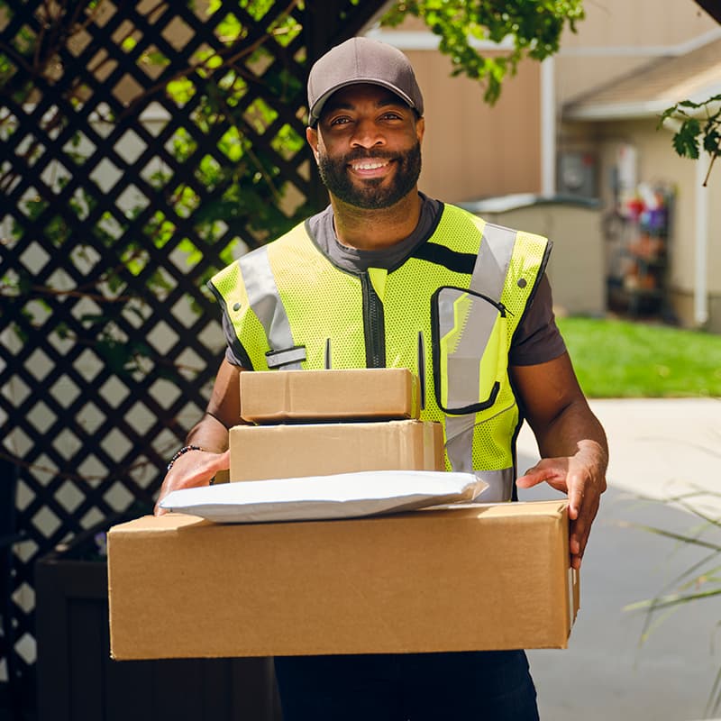 Smiling man delivering a package, demonstrating accountable mail and package delivery services